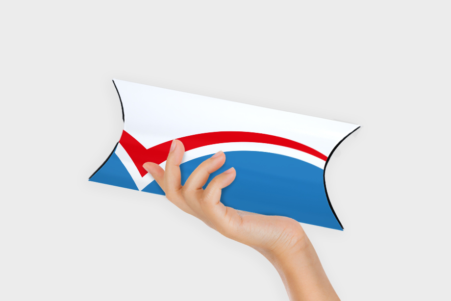 Kissenverpackung mit individuellem Aufdruck, freigestellt vor weißem Hintergrund – bedruckte Verpackungen bestellen