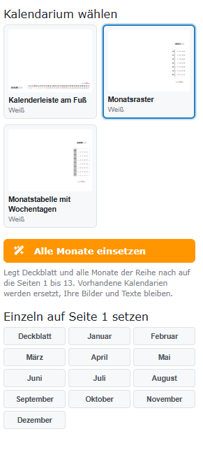 Auswahl des Kalendariums im Online-Designer mit der Schaltfläche „Alle Monate einsetzen“
