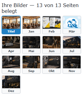Monatsübersicht im Online-Designer: dreizehn Kalenderseiten mit den zugeordneten Fotos