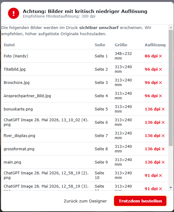Hinweisfenster des Online-Designers mit einer Liste von Bildern, je Zeile Seitenzahl und Auflösung in dpi