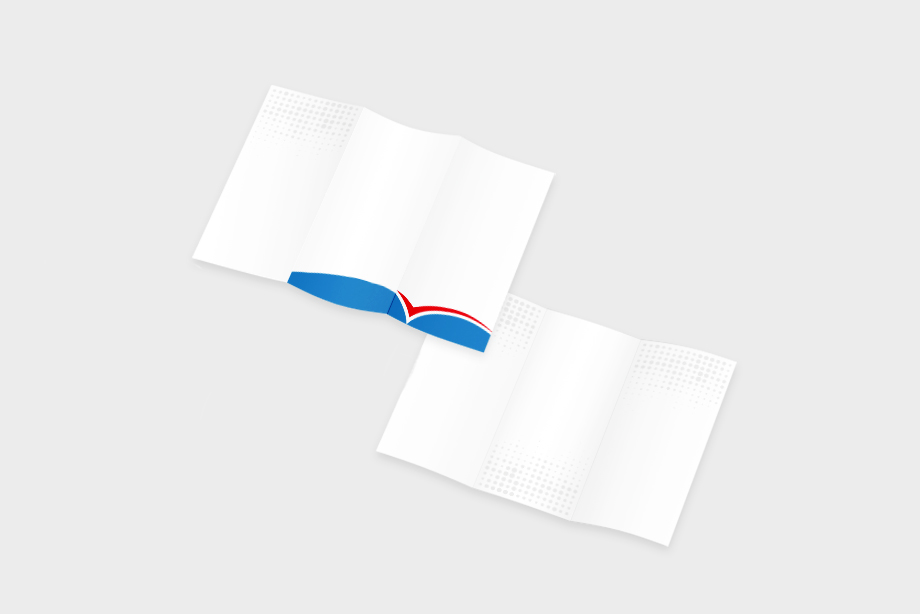 Wickelfalz-Flyer geöffnet dargestellt – Außen- und Innenseiten eines mehrfach gefalzten Flyers in einer Ansicht