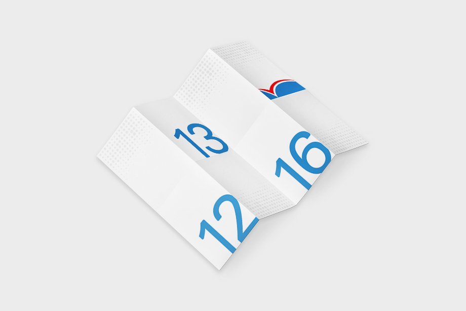 Vollständig geöffneter Zickzack-Parallelfalz-Flyer – Kombination aus Parallelfalz und Leporellofalz mit sichtbaren Falzflächen