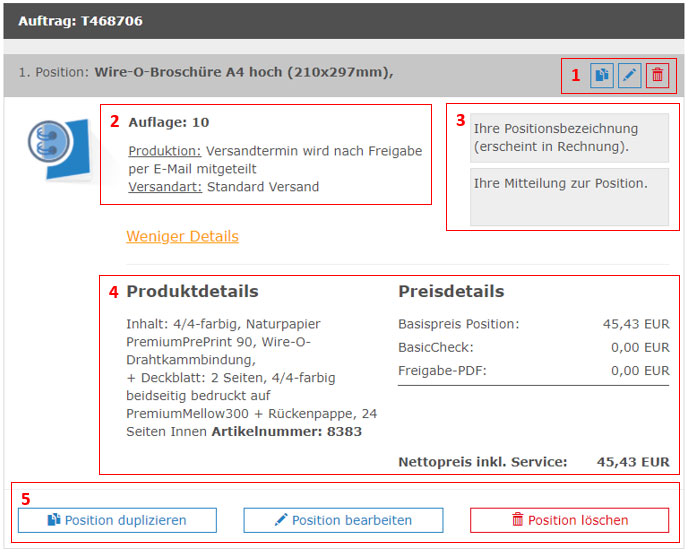 Auftragsdetails im Einkaufswagen